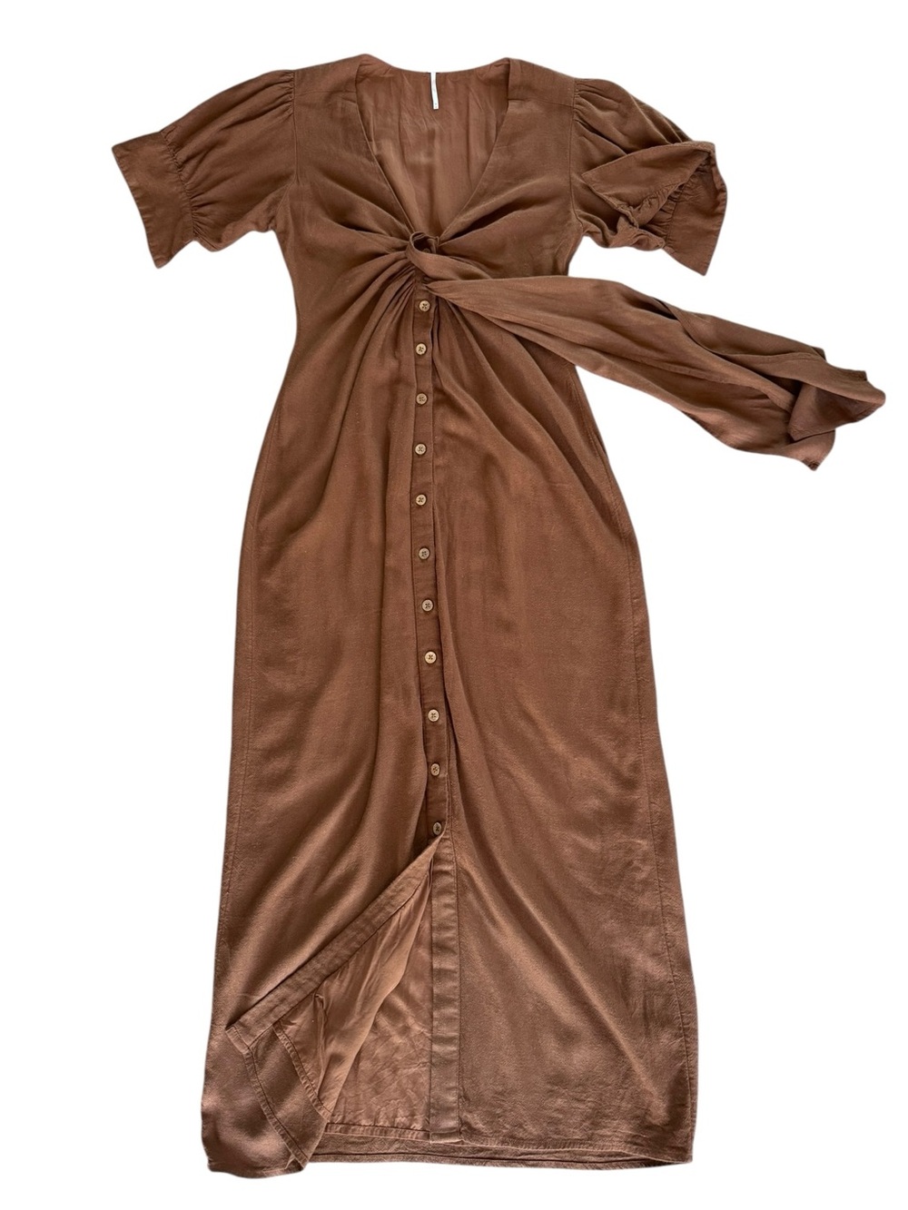 Free People Vintage Summer Midi Dress M Chocolate Swirl Twist Front Linen Blend - Picture 9 of 16